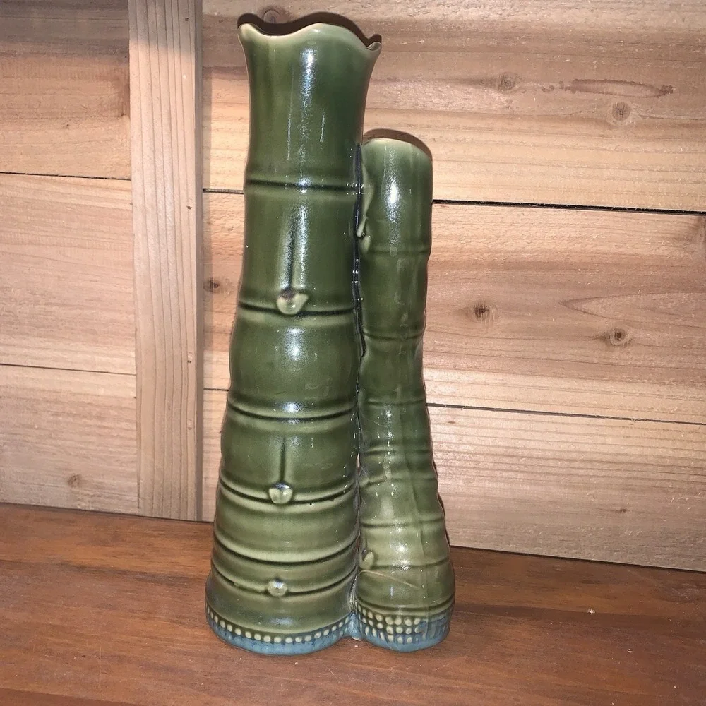 Vintage Majolica Vase Green Double Bamboo Stalks Planter Tiki Asian Ceramic EUC